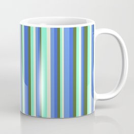 [ Thumbnail: Eyecatching Dark Olive Green, Royal Blue, Cornflower Blue, Beige, Aquamarine Colored Stripes Pattern Coffee Mug ]