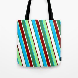 [ Thumbnail: Vibrant Green, Deep Sky Blue, Sea Green, White & Dark Red Colored Lines Pattern Tote Bag ]