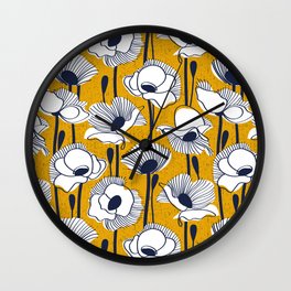Field of white poppies // goldenrod yellow background white wildflowers oxford navy blue lines Wall Clock