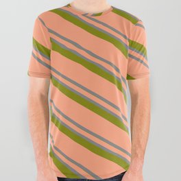 [ Thumbnail: Light Salmon, Grey & Green Colored Lined/Striped Pattern All Over Graphic Tee ]