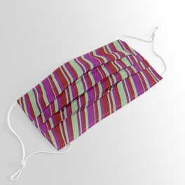 [ Thumbnail: Dark Sea Green, Purple, and Maroon Colored Striped/Lined Pattern Face Mask ]