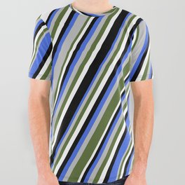 [ Thumbnail: Eye-catching Royal Blue, Grey, Dark Olive Green, White & Black Colored Lines Pattern All Over Graphic Tee ]