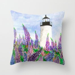 Lupines at Pemaquid Point Throw Pillow | Lupines, Maine, Lighthouse, Watercolor, Painting, Coastal 