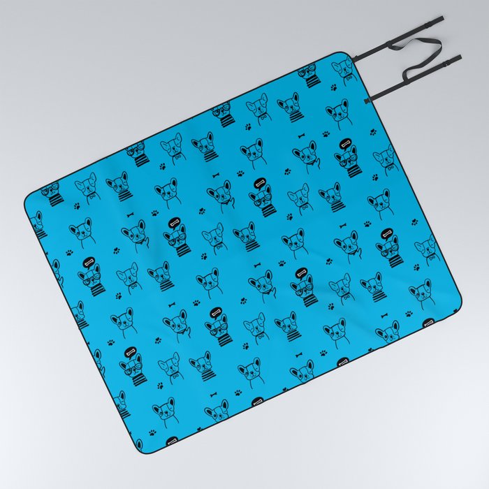 Turquoise and Black Hand Drawn Dog Puppy Pattern Picnic Blanket