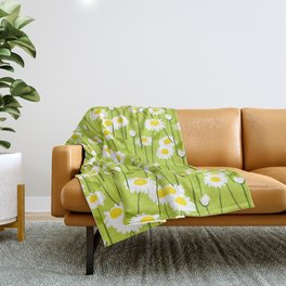 Retro Modern Summer Daisy Flowers On Light Green Throw Blanket