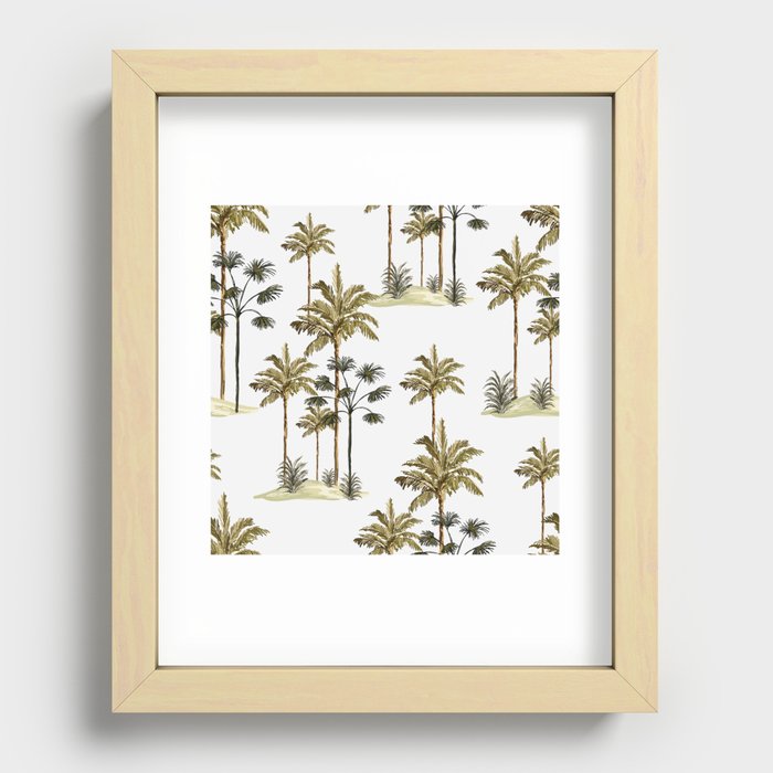 Tropical vintage botanical landscape, palm tree, banana tree, plant floral seamless border on a white background. Exotic green jungle wallpaper.  Recessed Framed Print