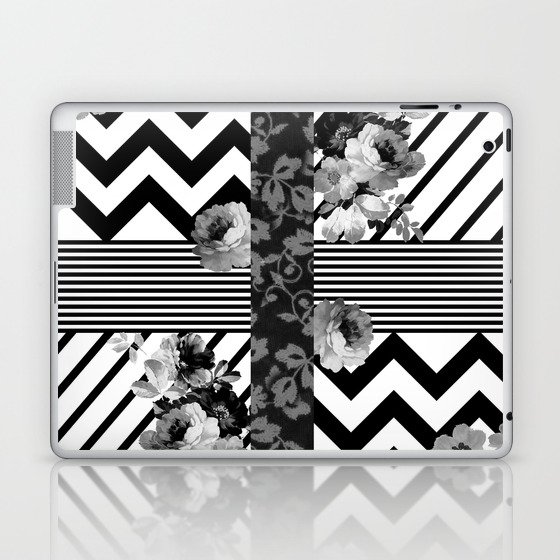 Trendy Black and White Floral Lace Stripes Chevron Laptop & iPad Skin
