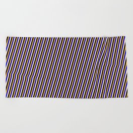 [ Thumbnail: Bisque, Black, Goldenrod, and Blue Colored Pattern of Stripes Beach Towel ]