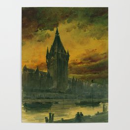 Sunset over River Watercolor Poster