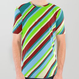 [ Thumbnail: Light Sky Blue, Green, Light Yellow, Dark Red, and Teal Colored Lined/Striped Pattern All Over Graphic Tee ]