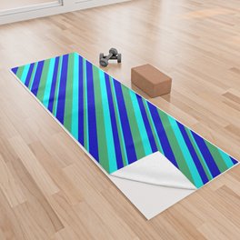 [ Thumbnail: Aqua, Sea Green & Blue Colored Striped/Lined Pattern Yoga Towel ]