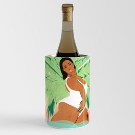 Tropical Summer Water Yoga with Palm & Flamingos | Woman of Color Black Woman Body Positivity Wine Chiller