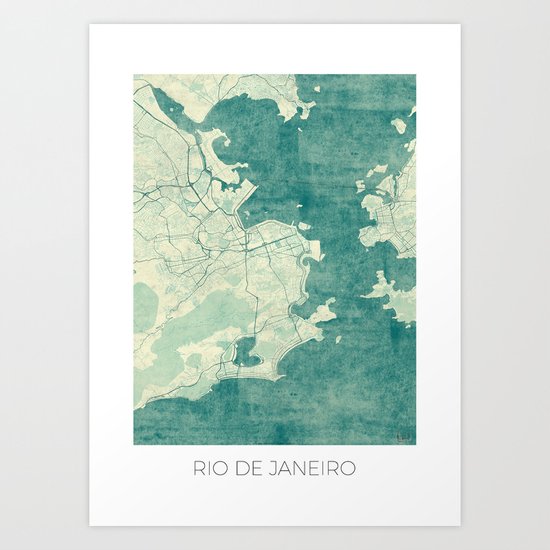 Rio de Janeiro Map Blue Vintage Art Print