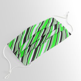 [ Thumbnail: Dark Sea Green, Lime, Lavender, and Black Colored Lines/Stripes Pattern Face Mask ]