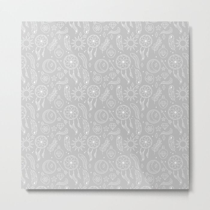 Light Grey And White Hand Drawn Boho Pattern Metal Print