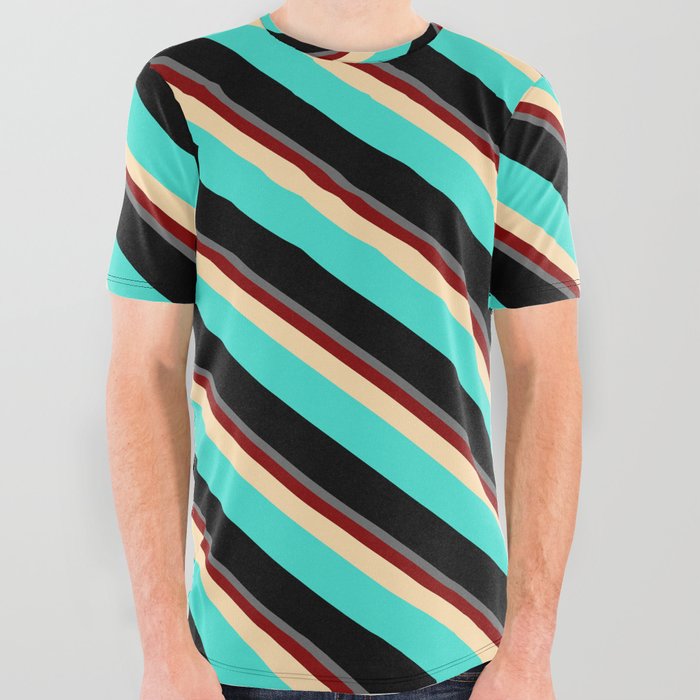 Colorful Dim Gray, Maroon, Tan, Turquoise & Black Colored Stripes/Lines Pattern All Over Graphic Tee
