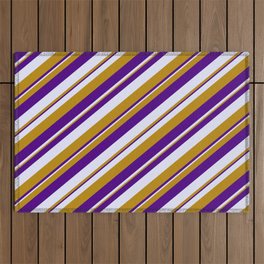 [ Thumbnail: Dark Goldenrod, Indigo, and Lavender Colored Lined Pattern Outdoor Rug ]