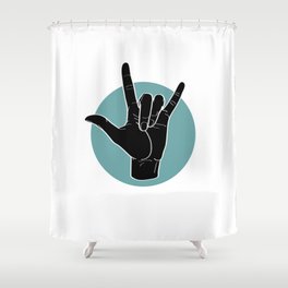 ILY - I Love You - Sign Language - Black on Green Blue 00 Shower Curtain
