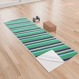 [ Thumbnail: Sea Green, Midnight Blue, Beige & Cyan Colored Lines Pattern Yoga Towel ]