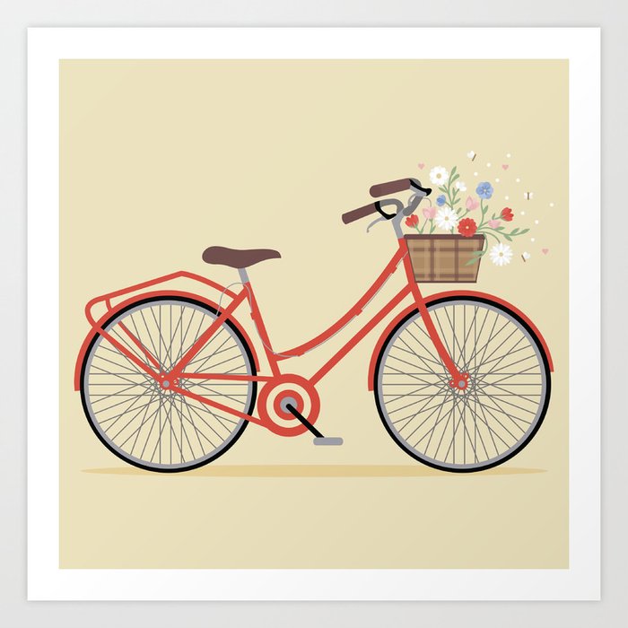 Flower Basket Bicycle Illustration Art Print