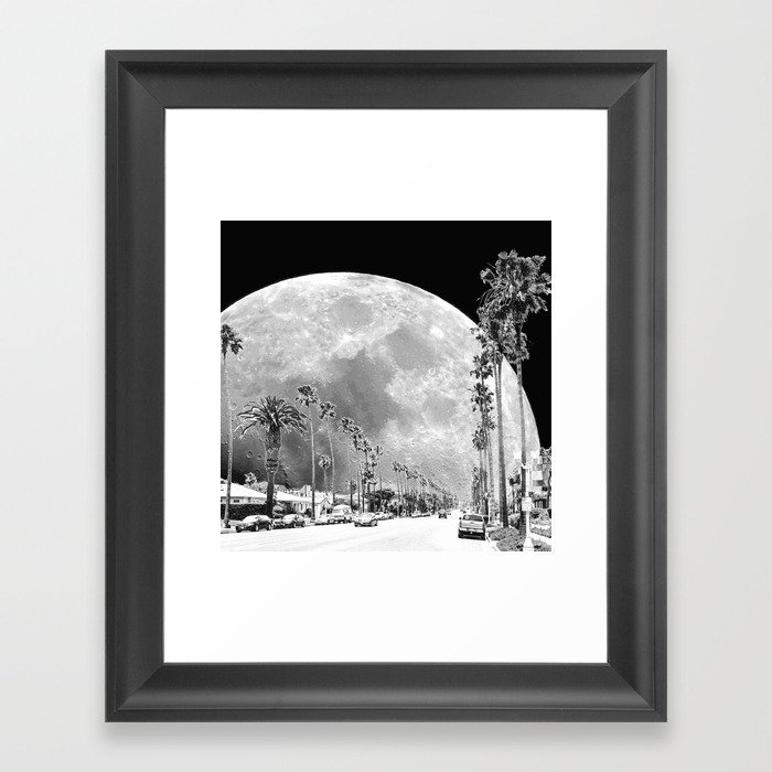 California Dream // Fantasy Moon Beach Sidewalk Black and White Palm Tree Silhouette Collage Artwork Framed Art Print