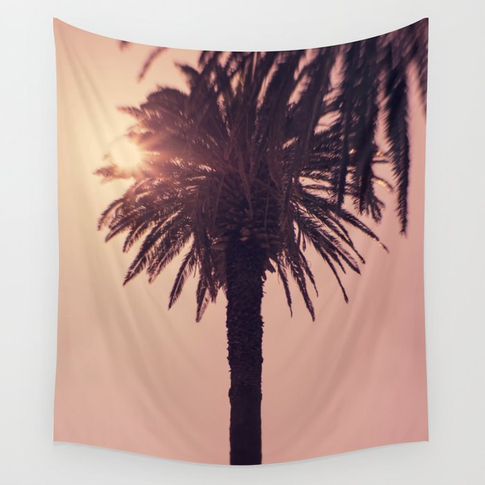 California Pink Sunset Palm Trees - Travel photography by Ingrid Beddoes Wall Tapestry