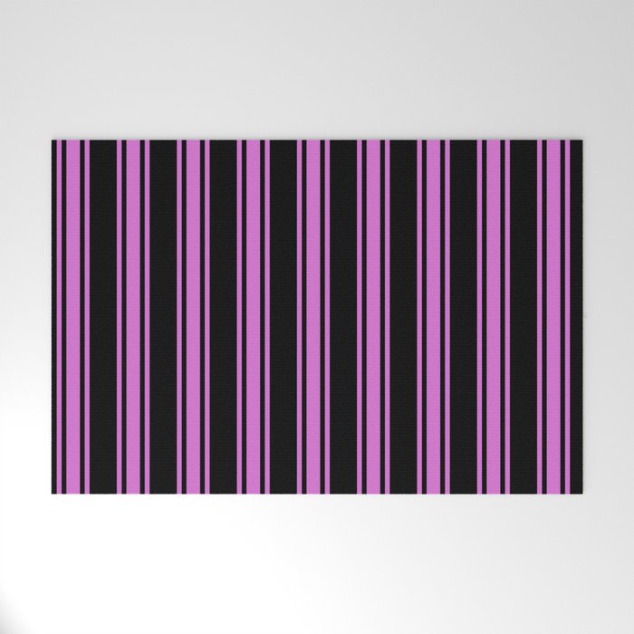 Black and Orchid Colored Pattern of Stripes Welcome Mat