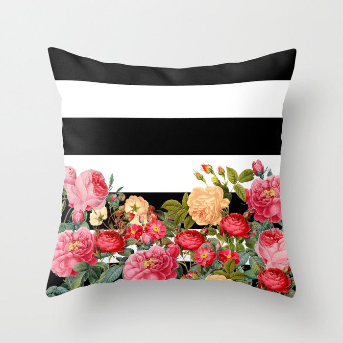 Black and White Stripe with Floral Throw Pillow
