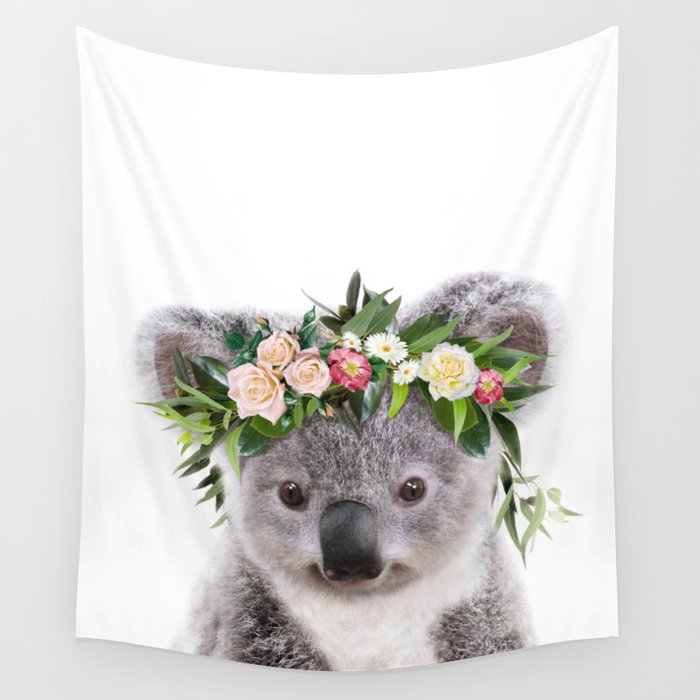 Baby Koala With Flower Crown Baby Animals Art Print By Synplus Wall Tapestry By Synplus