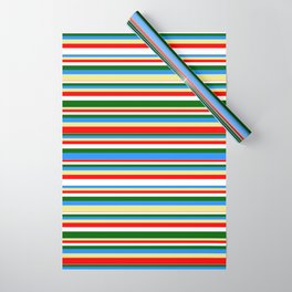 [ Thumbnail: Colorful Blue, Tan, Red, White, and Dark Green Colored Striped/Lined Pattern Wrapping Paper ]