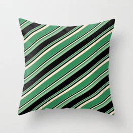 [ Thumbnail: Bisque, Sea Green, Dark Sea Green, and Black Colored Lined Pattern Throw Pillow ]