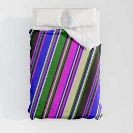 [ Thumbnail: Eye-catching Fuchsia, Blue, Pale Goldenrod, Green, and Black Colored Pattern of Stripes Duvet Cover ]