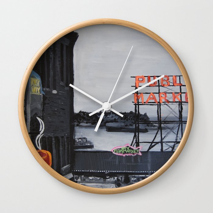Pike Place Market - Black & White & Neon -Seattle Washginton Wall Clock