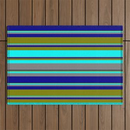 [ Thumbnail: Green, Cyan, Grey, and Dark Blue Colored Striped Pattern Outdoor Rug ]