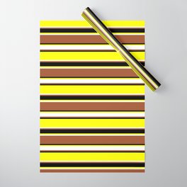 [ Thumbnail: Yellow, White, Sienna & Black Colored Stripes/Lines Pattern Wrapping Paper ]