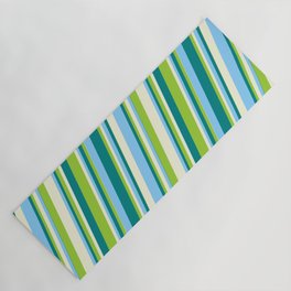 [ Thumbnail: Teal, Green, Beige & Light Sky Blue Colored Stripes/Lines Pattern Yoga Mat ]