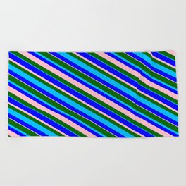 [ Thumbnail: Dark Green, Deep Sky Blue, Blue & Pink Colored Stripes/Lines Pattern Beach Towel ]