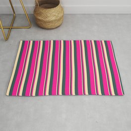 [ Thumbnail: Beige, Dark Slate Gray, and Deep Pink Colored Stripes/Lines Pattern Rug ]