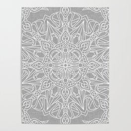 White Mandala on Grey Linen Poster