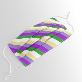 [ Thumbnail: Colorful Tan, Purple, Dark Violet, Forest Green, and White Colored Stripes/Lines Pattern Face Mask ]
