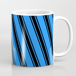 [ Thumbnail: Blue and Black Colored Striped/Lined Pattern Coffee Mug ]