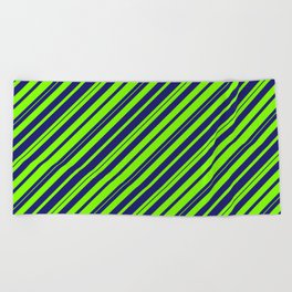 [ Thumbnail: Chartreuse & Midnight Blue Colored Striped/Lined Pattern Beach Towel ]