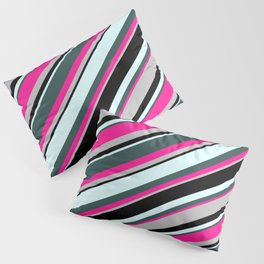 [ Thumbnail: Colorful Light Cyan, Dark Slate Gray, Deep Pink, Grey & Black Colored Lines/Stripes Pattern Pillow Sham ]