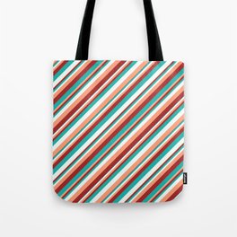 [ Thumbnail: Light Sea Green, Mint Cream, Light Salmon, and Brown Colored Striped Pattern Tote Bag ]