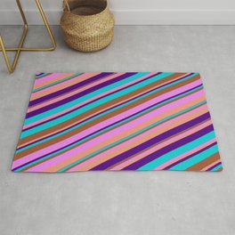 [ Thumbnail: Eye-catching Sienna, Violet, Dark Salmon, Indigo, and Dark Turquoise Colored Lined Pattern Rug ]