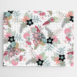 Abstract pink mint green black coral retro floral Jigsaw Puzzle