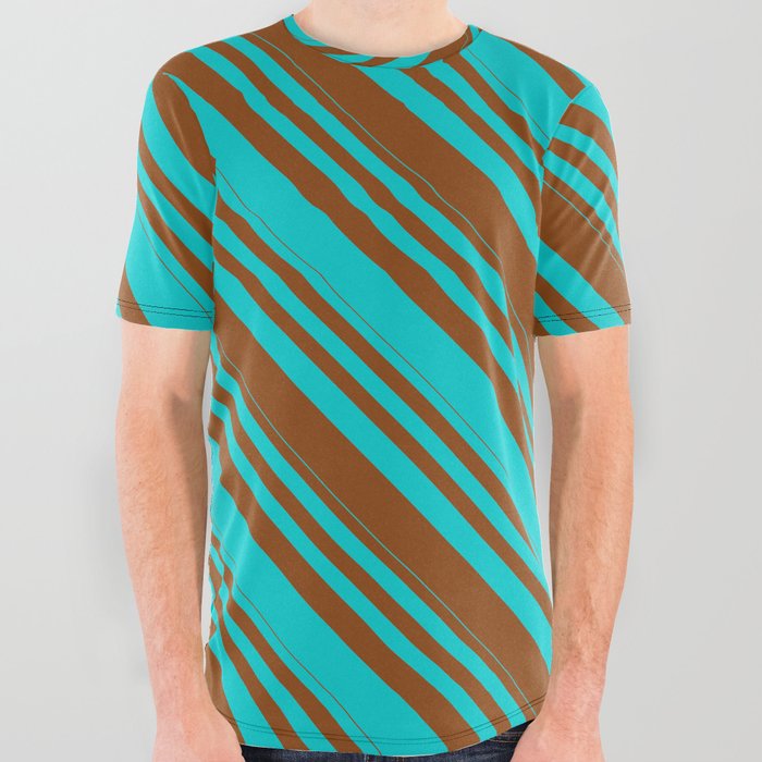Dark Turquoise & Brown Colored Lines/Stripes Pattern All Over Graphic Tee