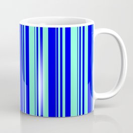 [ Thumbnail: Blue & Aquamarine Colored Striped Pattern Coffee Mug ]
