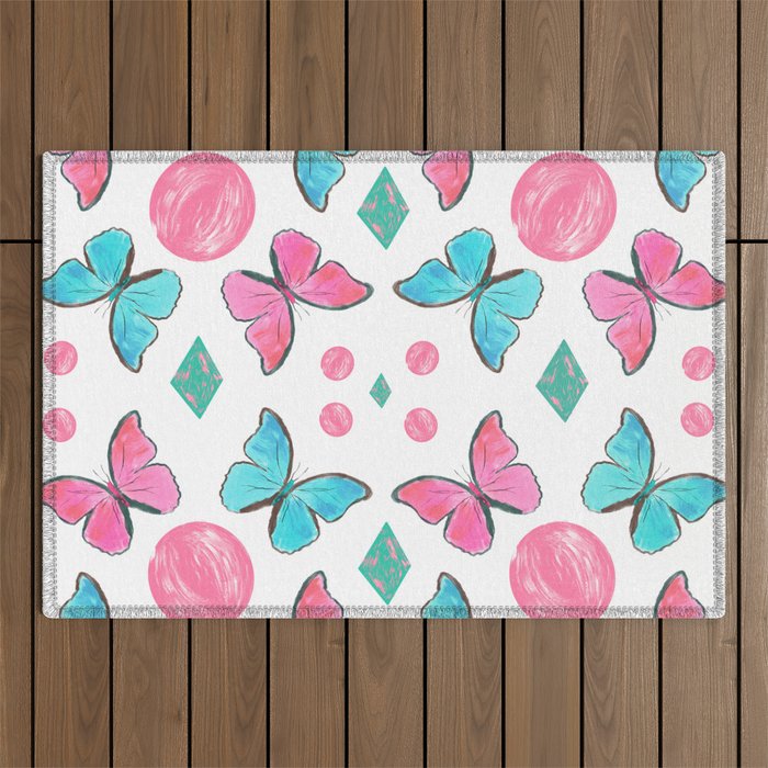Pretty Blue & Pink Wings Outdoor Rug