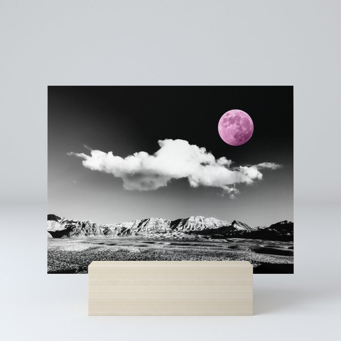 Black Desert Sky & Fuchsia Moon // Red Rock Canyon Las Vegas Mojave Lune Celestial Mountain Range Mini Art Print
